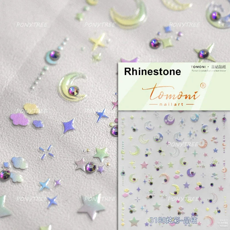 Colourful Star Moon Curved Line Arc Necklace Love Heart Hanging in The Air Starry Night Adhesive Nail Art Sticker Manicure Decal (Online Order Only)