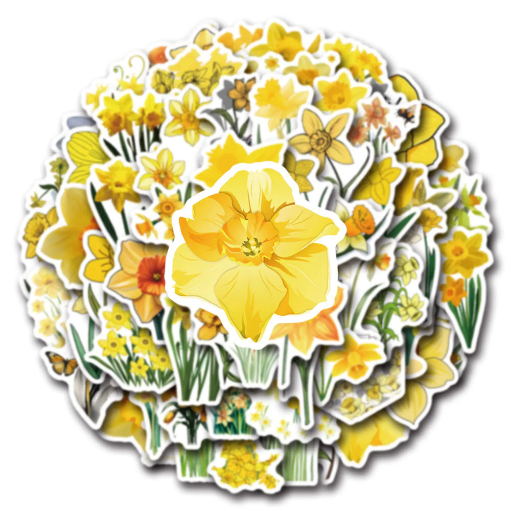 Daffodil Cartoon Stickers 10/30/60PCS Yellow Flower Decals for DIY Cup, Diary, Scrapbook, Luggage, Laptop, Car, Bike, Skateboard, Kids Toy (ONLINE ORDER ONLY)