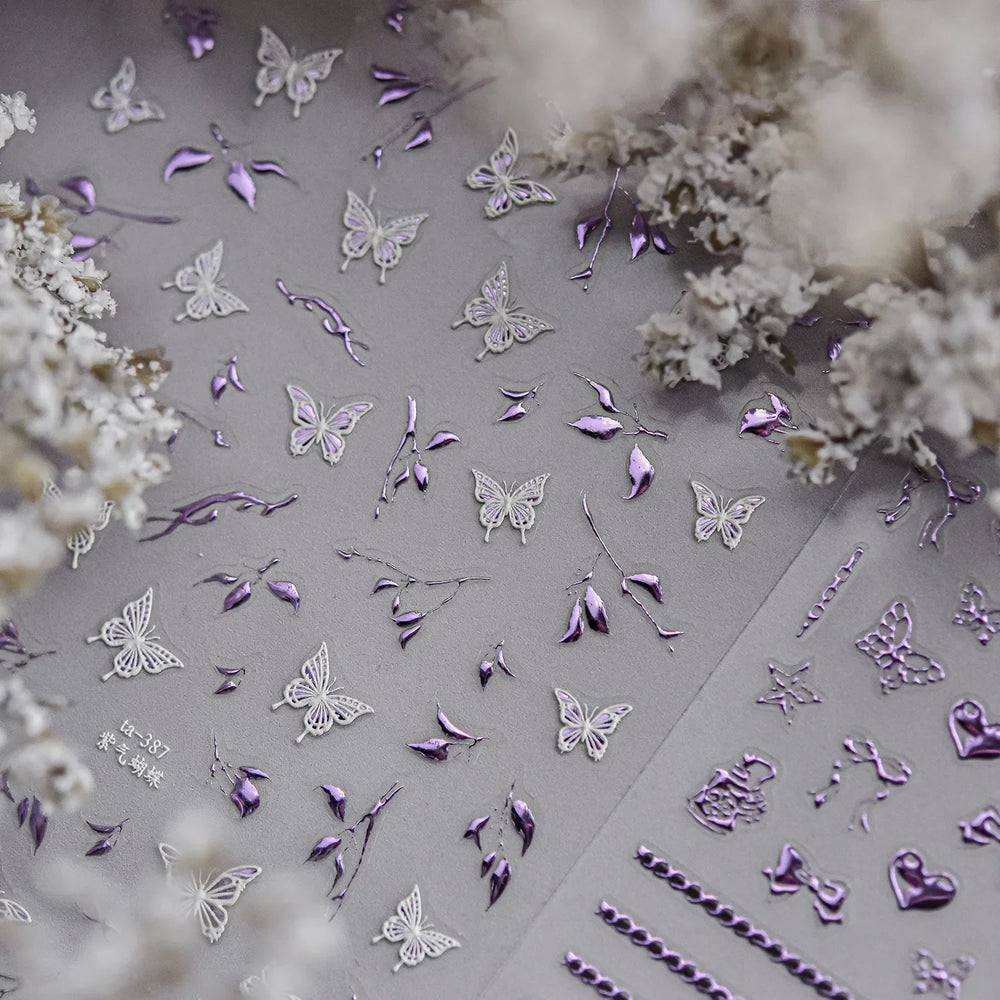 Hot Stamping Purple Line Love Heart Lace Bowknot Chain Branches Star Flower Leaf Butterfly Plant Flower Nail Art Stickers Decals (Online Order Only)