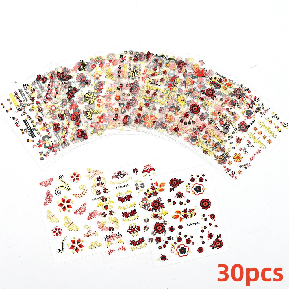 30Sheet 3D Glitter Christmas Nail Art Stickers Santa Claus Snowflake Elk Christmas Tree Design Nail Decals Cartoon Nail Supplies (Online Order Only)