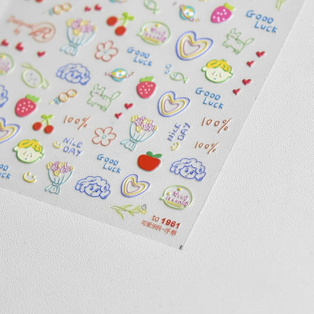 Cute Graffiti Cartoon Line Cherry Bear Cat Flower Bouquet Fish Boys Girls Strawberry Reliefs Nail Art Stickers Manicure Decals (ONLINE ORDER ONLY)