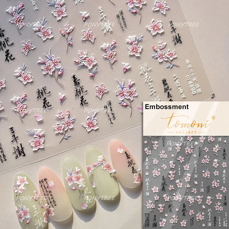 Spring Living Peach Blossom Flower Branch Petal Antique Soft Relief Adhesive Chinese Characters Nail Art Sticker Manicure Decals (ONLINE ORDER ONLY)