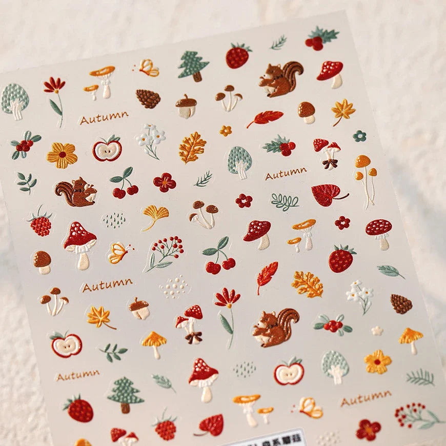 Squirrel Mushroom Apple Strawberry Cherry Pinecone Ginkgo Leaf Self Adhesive Nail Art Stickers Butterfly Flower Manicure Decals (ONLINE ORDER ONLY)