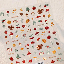 Squirrel Mushroom Apple Strawberry Cherry Pinecone Ginkgo Leaf Self Adhesive Nail Art Stickers Butterfly Flower Manicure Decals (ONLINE ORDER ONLY)