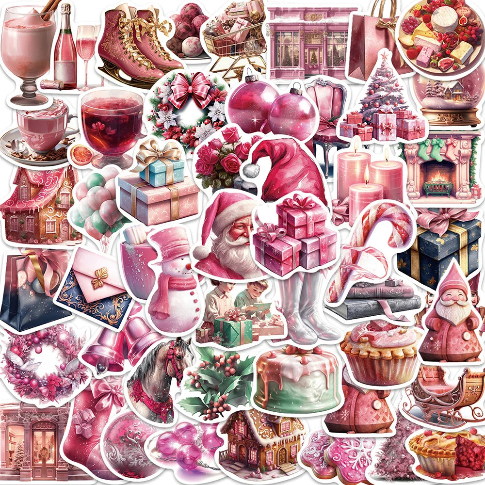 Vintage Pink Kawaii Christmas Stickers Decals for Laptop Luggage Phone Guitar Waterproof (ONLINE ORDER ONLY)