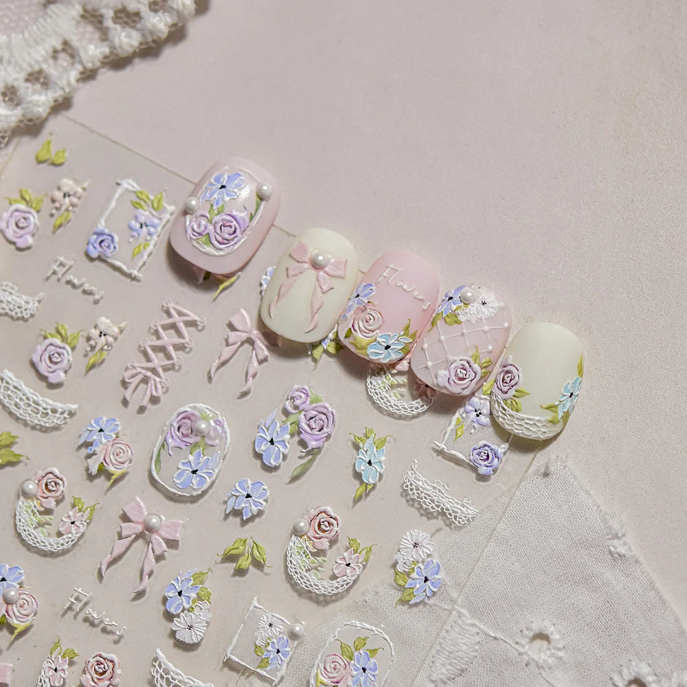 Rose Flower Bouquet Leaves Lace Bowknot Pearl Photo Frame Gird Embossed Reliefs Self Adhesive Nail Art Stickers Manicure Decals (ONLINE ORDER ONLY)