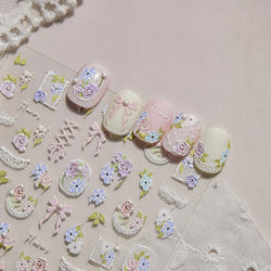 Rose Flower Bouquet Leaves Lace Bowknot Pearl Photo Frame Gird Embossed Reliefs Self Adhesive Nail Art Stickers Manicure Decals (ONLINE ORDER ONLY)