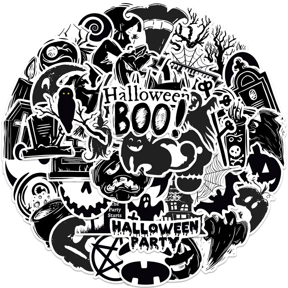 10/30/50PCS Horror Halloween Black Stickers Cute Ghost Decals DIY Wall Motorcycle Fridge Skateboard Phone Cartoon Sticker Toys (Online Order Only)