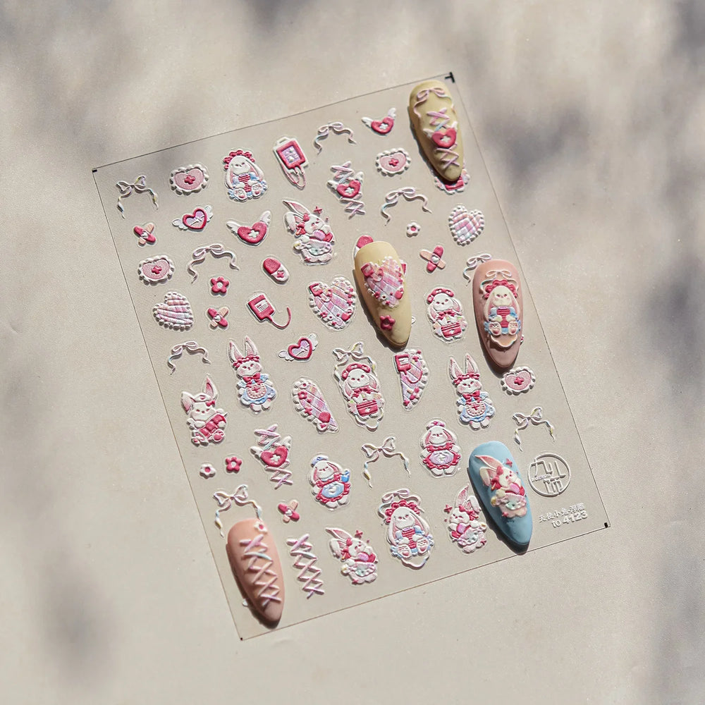 Cream Wind Cat Rabbit Kitten Bunny Bowknot Flower Butterfly Cake Cherry Tulip 5D Self Adhesive Nail Art Stickers Manicure Decals (Online Order Only)