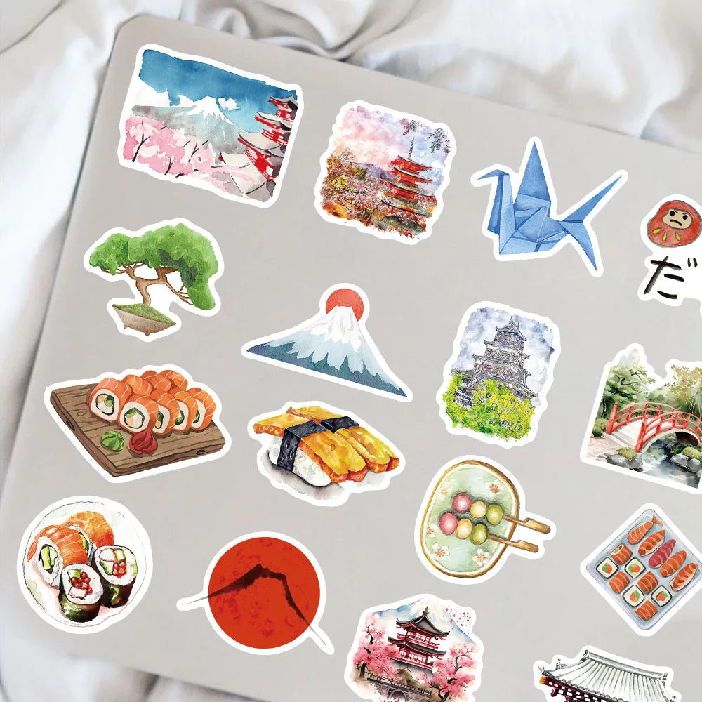 64pcs Watercolor Japan Travel Cartoon Graffiti Sticker DIY Phone Guitar Laptop Notebook Suitcase Cup Waterproof Sticker Kid Toy﻿ (Online Order Only)