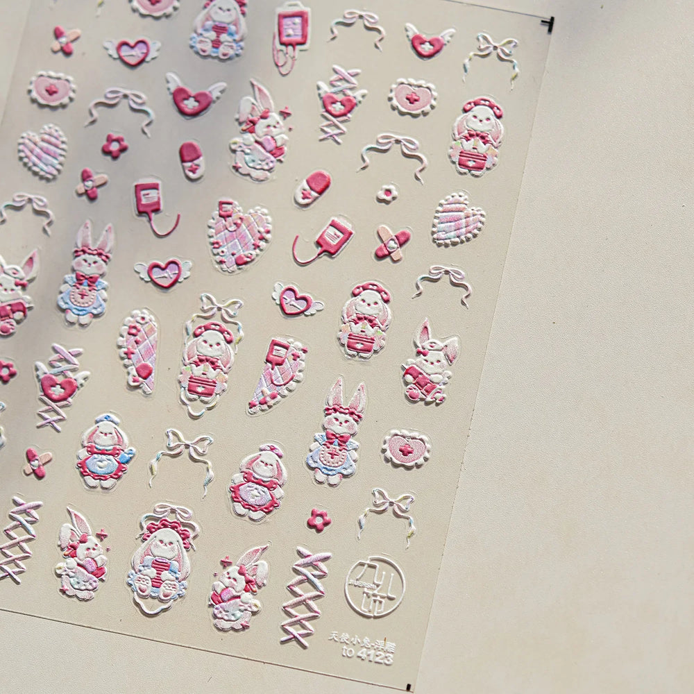 Cream Wind Cat Rabbit Kitten Bunny Bowknot Flower Butterfly Cake Cherry Tulip 5D Self Adhesive Nail Art Stickers Manicure Decals (Online Order Only)
