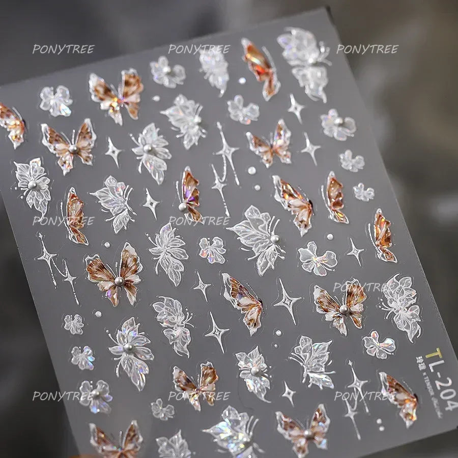 French Chic Blue Line Bowknot Fan Flower Leaves Butterfly Lace Frame Bell Shiny Self Adhesive Nail Art Stickers Manicure Decals (ONLINE ORDER ONLY)