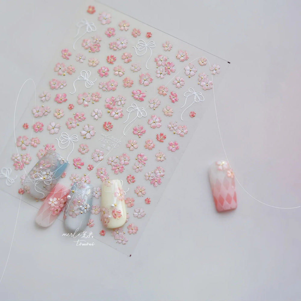 Peach Blossom Gradual Pink Petal Flower Line Bowknot Hot Stamping Halo Dyeing Delicate Adhesive Nail Art Sticker Manicure Decals (ONLINE ORDER ONLY)
