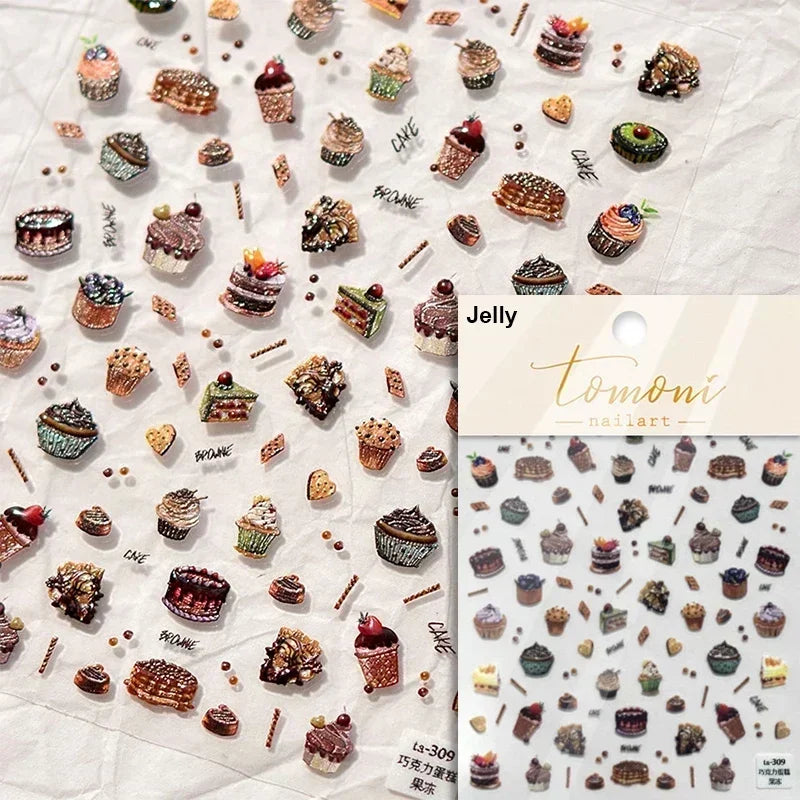 Colorful Food Pudding Alkali Water Bowknot Cream Fork Cup Bread Jelly Fruit Cartoon Cake Relief Nail Art Sticker Manicure Decals (ONLINE ORDER ONLY)