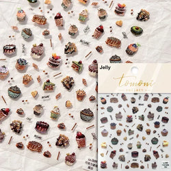 Colorful Food Pudding Alkali Water Bowknot Cream Fork Cup Bread Jelly Fruit Cartoon Cake Relief Nail Art Sticker Manicure Decals (ONLINE ORDER ONLY)