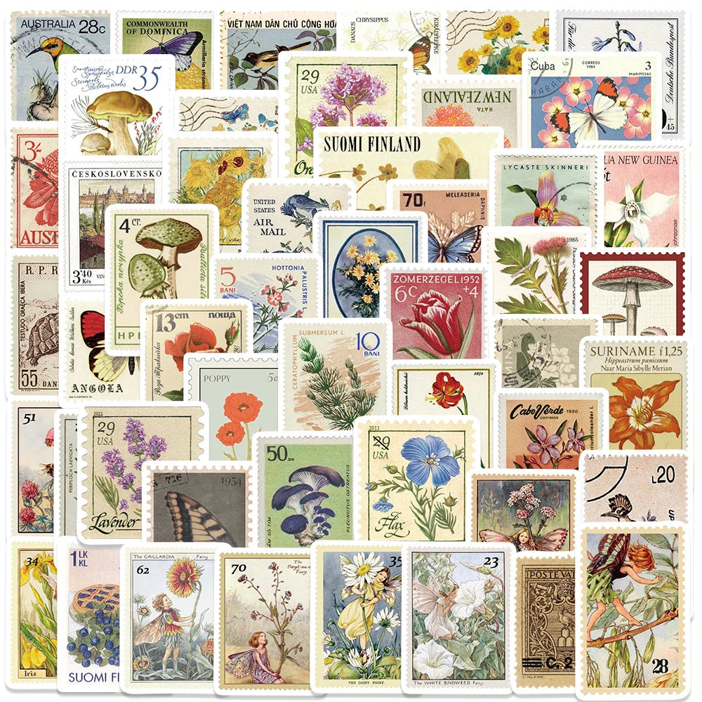 50pcs Vintage Aesthetic Stamp Style Plants Flowers Stickers For Luggage Laptop Guitar Stationery Waterproof Vinyl Decals (Online Order Only)