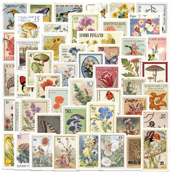 50pcs Vintage Aesthetic Stamp Style Plants Flowers Stickers For Luggage Laptop Guitar Stationery Waterproof Vinyl Decals (Online Order Only)