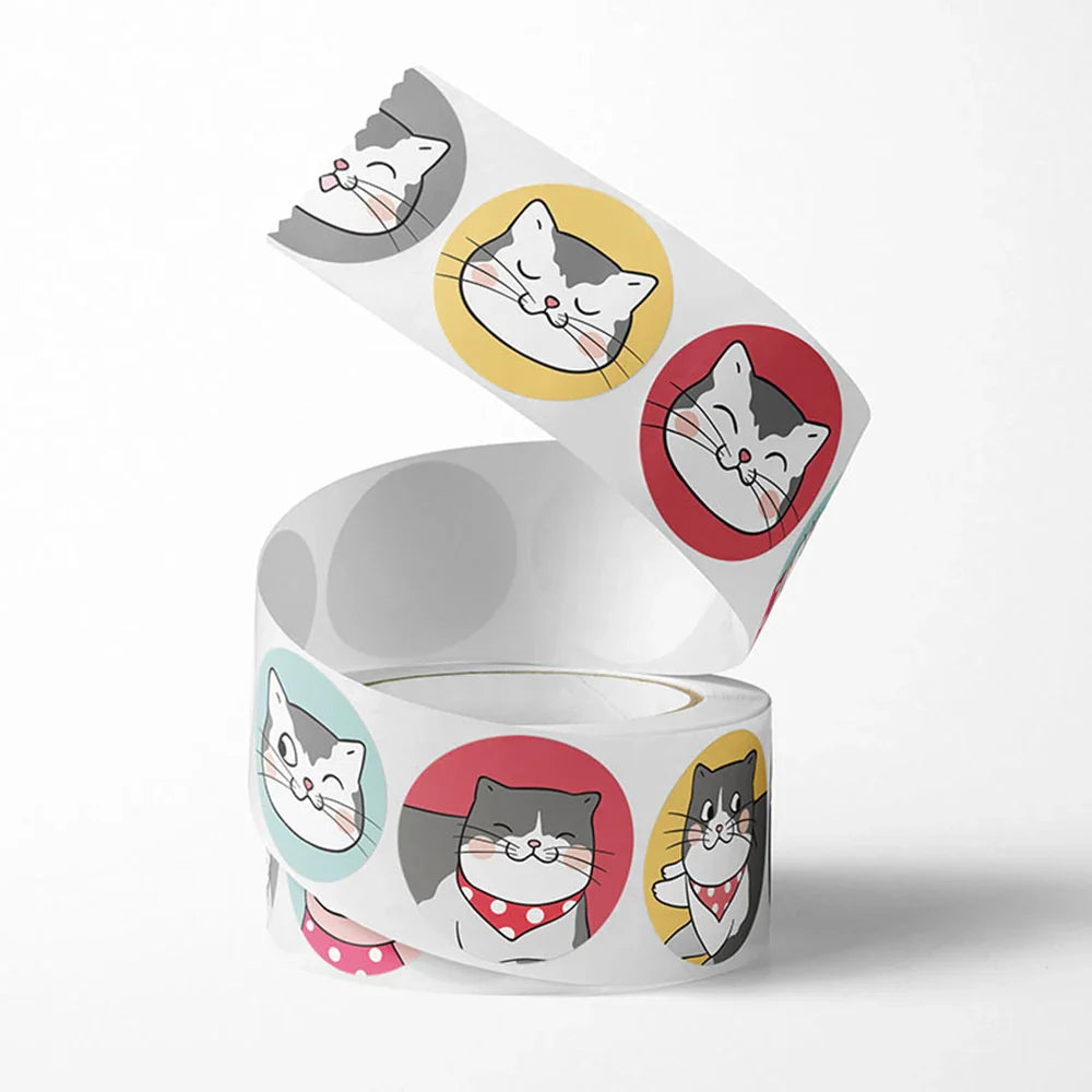 100-500pcs Cartoon Cat Stickers Round Adhesive Labels For Student Teacher Prize Business Gift Wraps Decorative Stickers (ONLINE ORDER ONLY)