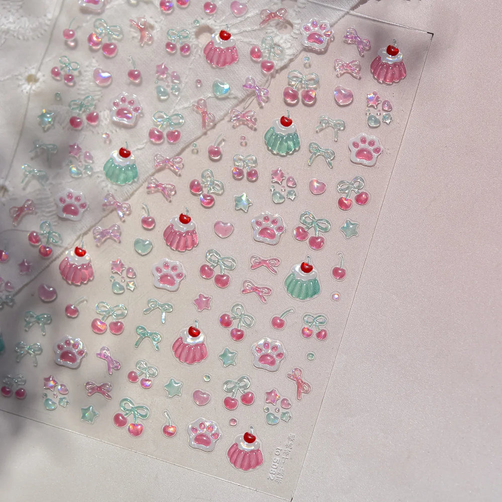 Colored Shiny Jelly Claw Paw Pudding Dessert Cherry Bowknot Cake Bow Tie Drink Food Love Heart Nail Art Sticker Manicure Decal (ONLINE ORDER ONLY)