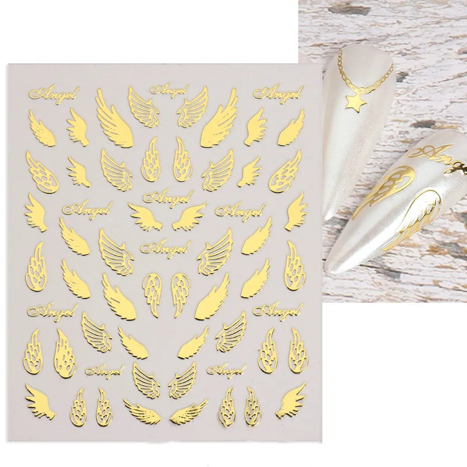 Gold Silver Wing Nail Art Stickers 3D Metal Chain Heart Love Sun Moon Star Gel Polish Adhesive Manicure Slider Decor Accessories (ONLINE ORDER ONLY)