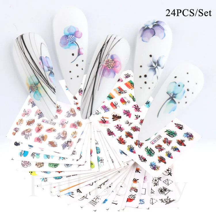 24pcs / Set Spring Summer nail Sticker Water Decal Nail Art Ink Flowers Leaves Graffiti Slider for Nail Decoration Foils Tattoo (ONLINE ORDER ONLY)