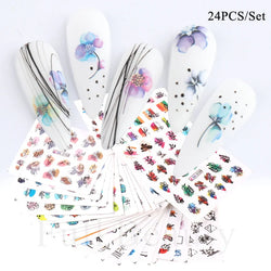 24pcs / Set Spring Summer nail Sticker Water Decal Nail Art Ink Flowers Leaves Graffiti Slider for Nail Decoration Foils Tattoo (ONLINE ORDER ONLY)