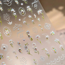 Spotless Lily Lilium Flowers Moon Pearl Crown Lily-white Pearl Necklace Pendant Self Adhesive Nail Art Stickers Manicure Decals (Online Order Only)