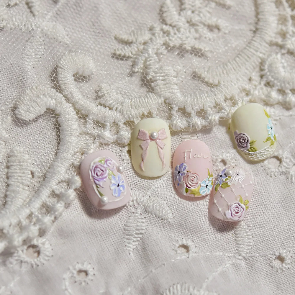 Rose Flower Bouquet Leaves Lace Bowknot Pearl Photo Frame Gird Embossed Reliefs Self Adhesive Nail Art Stickers Manicure Decals (ONLINE ORDER ONLY)