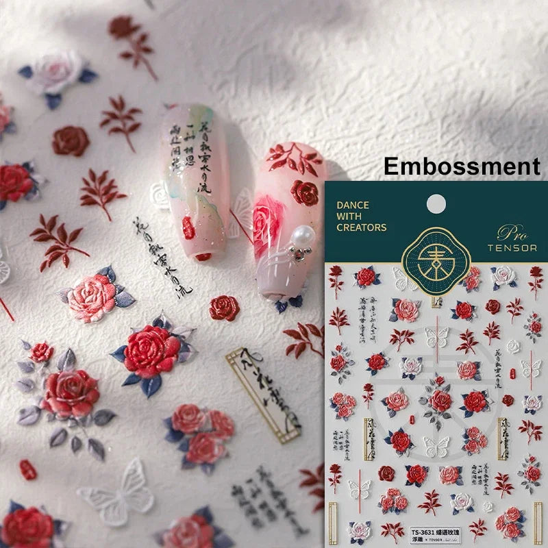 Romantic Candle Holder Lace Rambler Rose Pink Flower Bowknot Candlestick Ribbon Adhesive Nail Art Stickers Shiny Manicure Decals (ONLINE ORDER ONLY)
