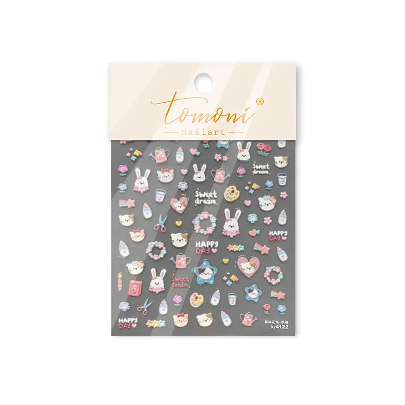 Cream Wind Cat Rabbit Kitten Bunny Bowknot Flower Butterfly Cake Cherry Tulip 5D Self Adhesive Nail Art Stickers Manicure Decals (Online Order Only)