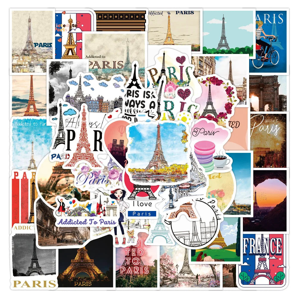 10/30/50PCS Paris Landscape Famous Buildings Stickers Decal Decorative DIY Phone Motorcycle Laptop Toy PVC Waterproof Sticker (ONLINE ORDER ONLY)