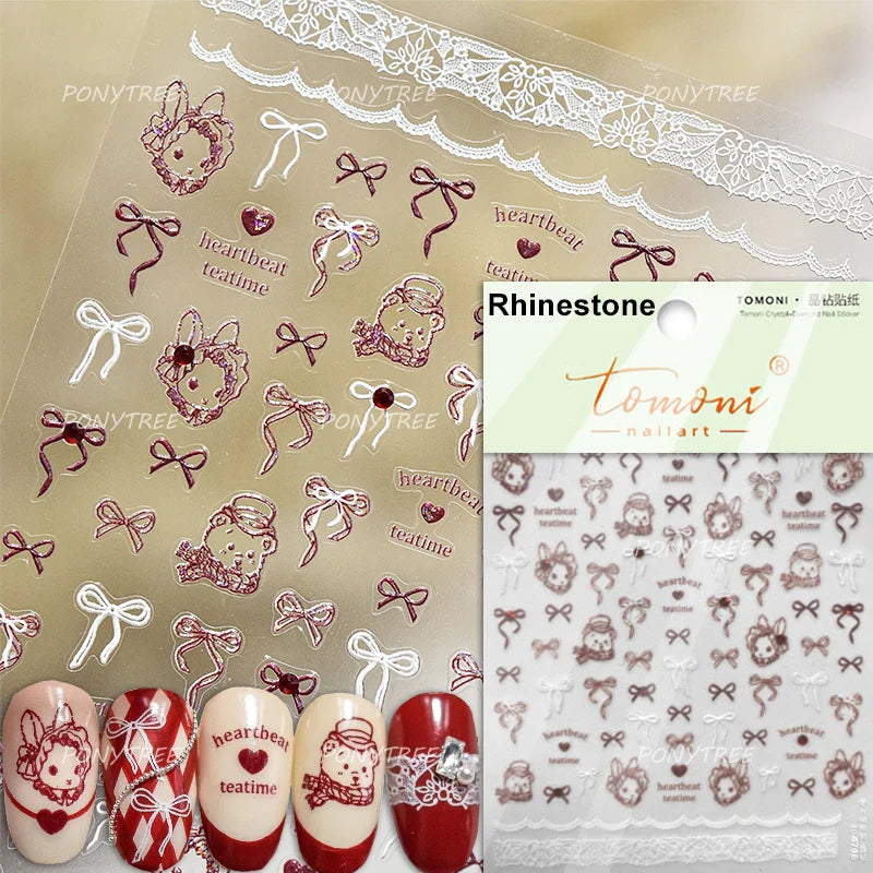 Cute Pet Creamy Rabbit Bear Dog Ribbon Bowknot Lamb Red Painted Heartbeat Flowers Adhesive Nail Art Stickers 3D Manicure Decals (Online Order Only)