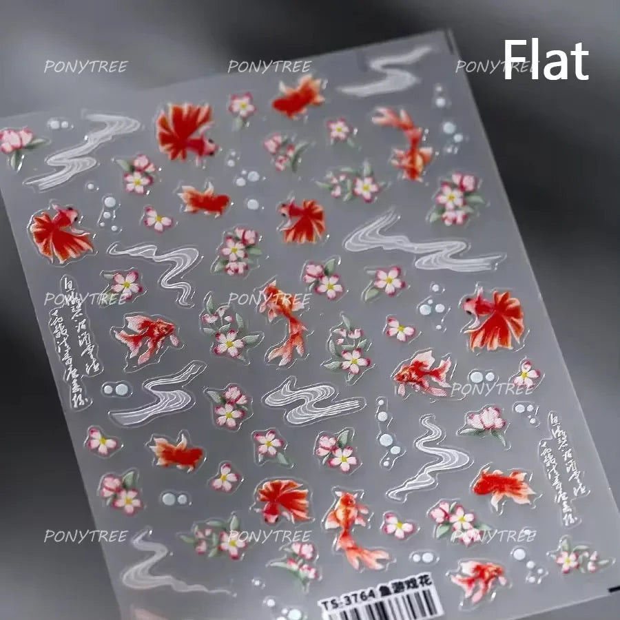 Lotus Flower Leaf Goldfish Ripple Wavelet Water Droplet Lotus Pond Brocaded Carp Self Adhesive Nail Art Stickers Manicure Decals (Online Order Only)