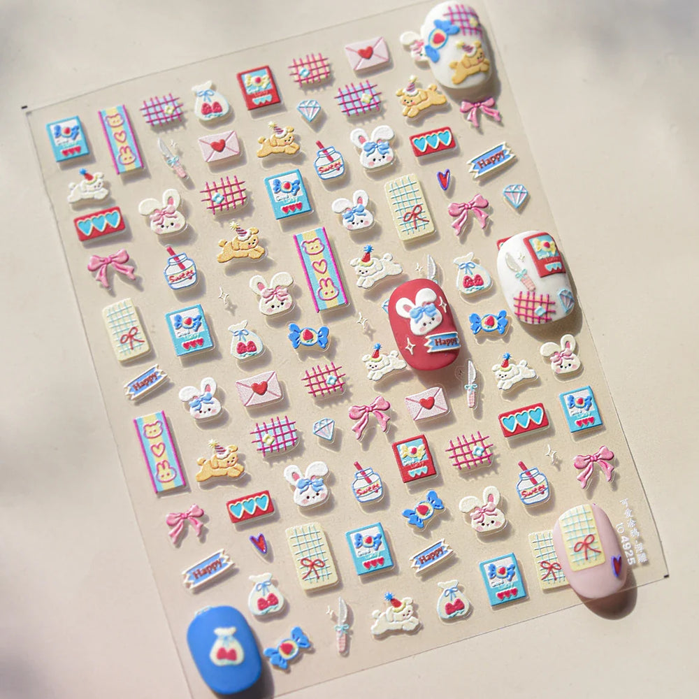 Graffiti Rabbit Dog Bunny Milk Strawberry Jewel Candy Knife Envelope Soft Relief Adhesive Nail Art Stickers Cute Manicure Decals (Online Order Only)