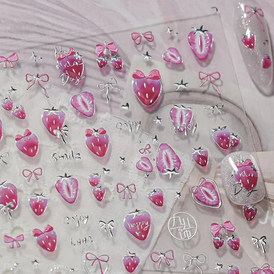 Pink Juicy Strawberry Fruit Cutting Line Ribbon Bowknot Star Happy Sweet Lovely Fruits Delicate Nail Art Stickers Manicure Decal (ONLINE ORDER ONLY)