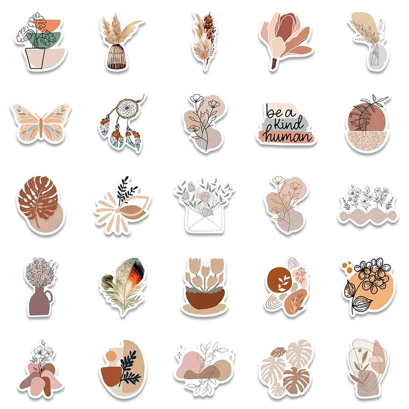 10/30/50PCS Kawaii Bohemian Flower Sticker Aesthetic PVC Decoration Scrapbooking Children's Stationery School Supplies for Kids (ONLINE ORDER ONLY)