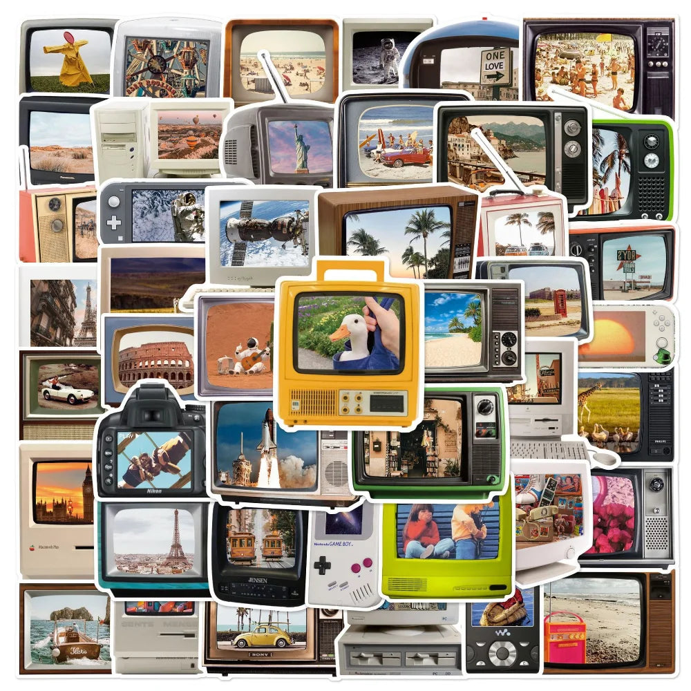 10/50Pcs Vintage TV and Computer Stickers Cartoon Graffiti Stickers Laptop Luggage Scrapbook Diary Phone Guitar Sticker Kid Toy (Online Order Only)