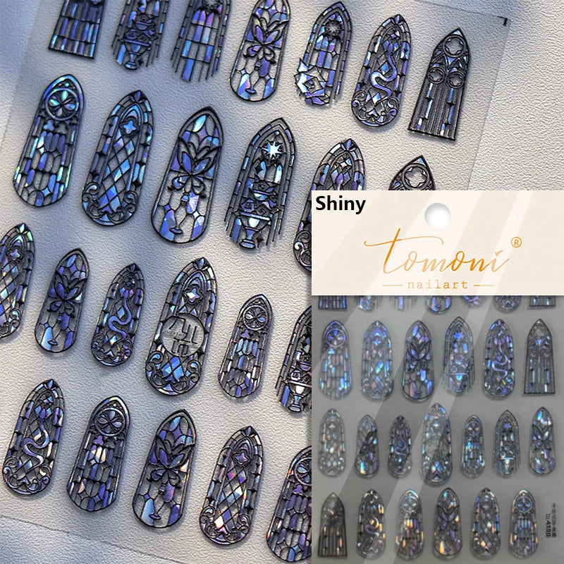 Retro Shiny Glazed Rococo Flower Window Dreamy Butterfly Geometric Frame Stamp Embossed Reliefs Nail Art Stickers Manicure Decal (Online Order Only)