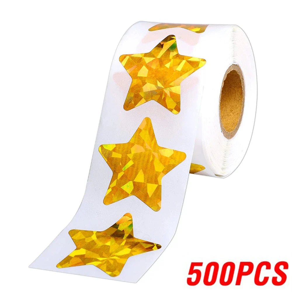 100-500pcs Holographic Star Reward Stickers Corlorful Adhesive Star Stickers Reward Chart Decorative Toy Gifts Sticker Labels (ONLINE ORDER ONLY)
