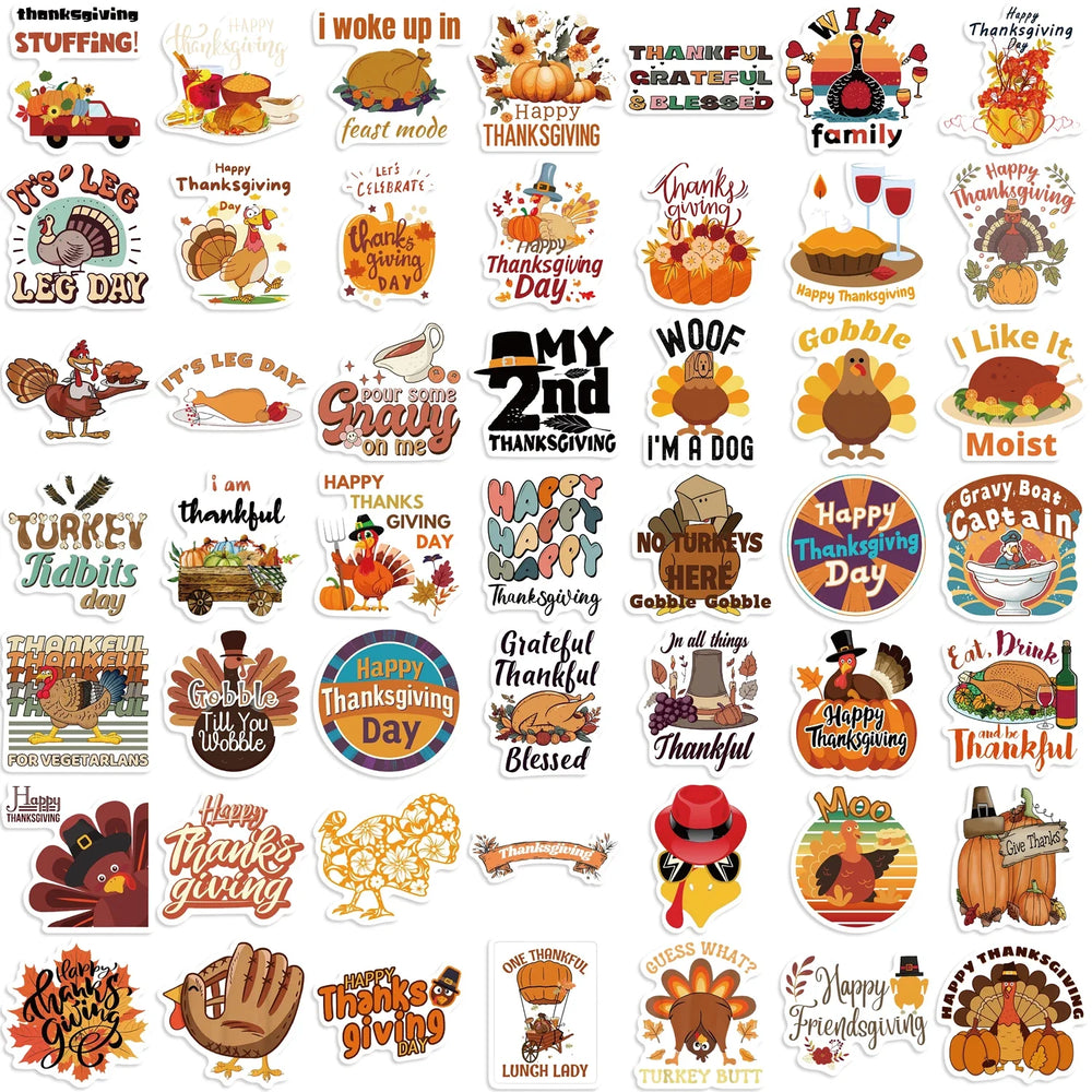 50pcs Cartoon Thanksgiving Day Sticker Funny Pumpkin Turkey Autumn Maple Leaf Graffiti Decals DIY Laptop Luggage Skateboard (Online Order Only)