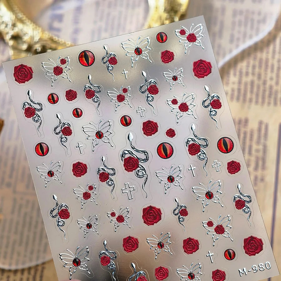 Retro Red Butterfly Snake Rose Flower Evil Eyes Gothic Architecture Cross Dark Self Adhesive Nail Art Stickers Manicure Decals (ONLINE ORDER ONLY)