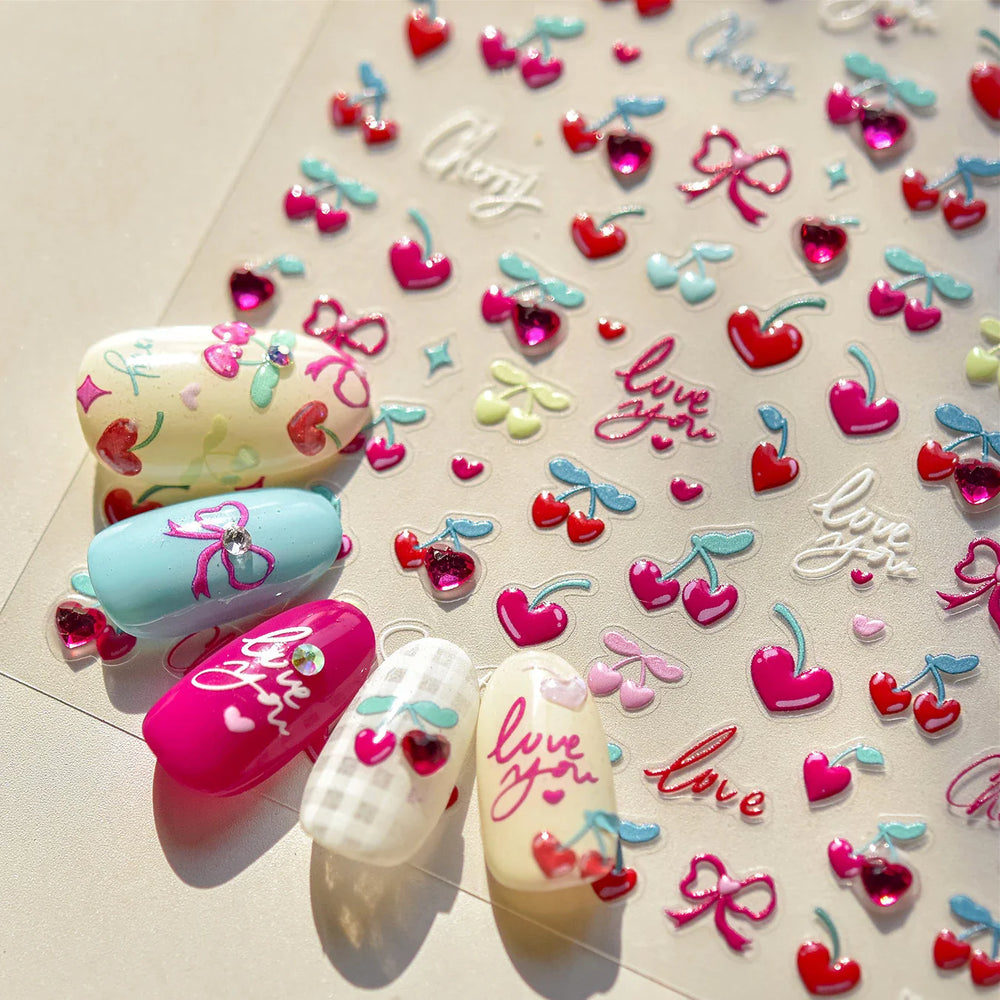 Lovely Pink Red Cherry Fruit Love Heart Star Lucky Letter Bowknot Romantic Adhesive Nail Art Stickers Rhinestone Manicure Decals (Online Order Only)