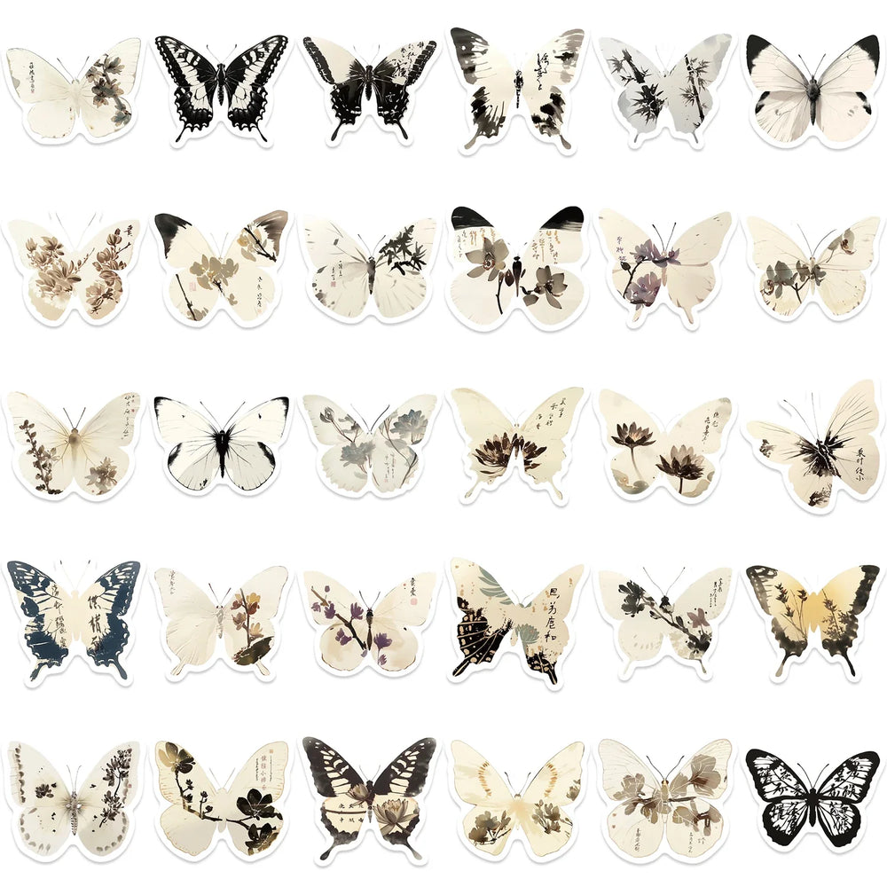 30Pcs Ink Butterfly Graffiti Stickers For Guitar Suitcase Phone Scrapbook DIY Vintage Sticker Craft Supplies (ONLINE ORDER ONLY)