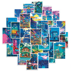 Cute Art Night View Cartoon Stickers - 10/30/50pcs Aesthetic Decals for Scrapbook, Phone, Laptop, Luggage, Wall, Kids (Online Order Only)