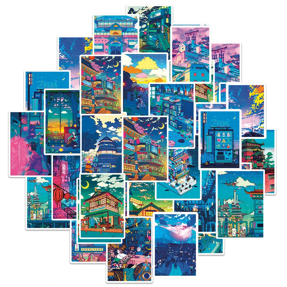 Cute Art Night View Cartoon Stickers - 10/30/50pcs Aesthetic Decals for Scrapbook, Phone, Laptop, Luggage, Wall, Kids (Online Order Only)