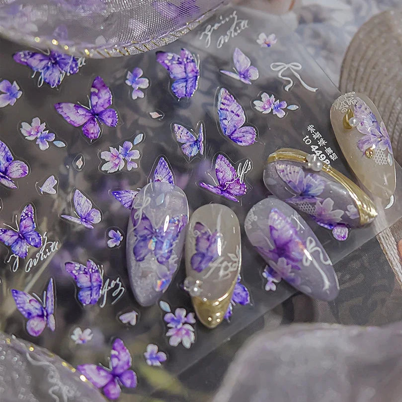 Delicate Tender Purple Butterfly Seal Pattern Insect Shiny Golden Stroke Nail Art Decoration Sticker Dressy Laser Manicure Decal (ONLINE ORDER ONLY)
