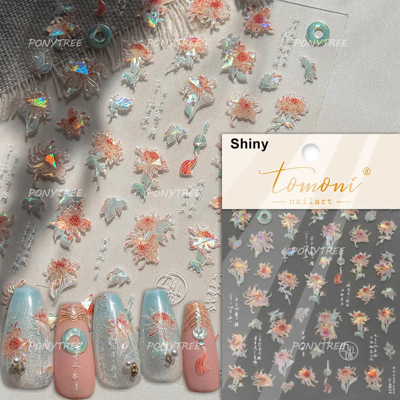 Spring Living Peach Blossom Flower Branch Petal Antique Soft Relief Adhesive Chinese Characters Nail Art Sticker Manicure Decals (ONLINE ORDER ONLY)
