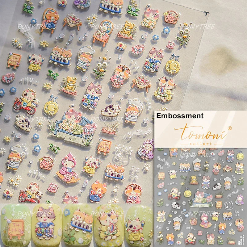 Spring Dog Bear Toy Rose Flower Floral Print Letter Bone Butterfly Cat Puppy Relief Adhesive Nail Art Stickers Manicure Decals (Online Order Only)