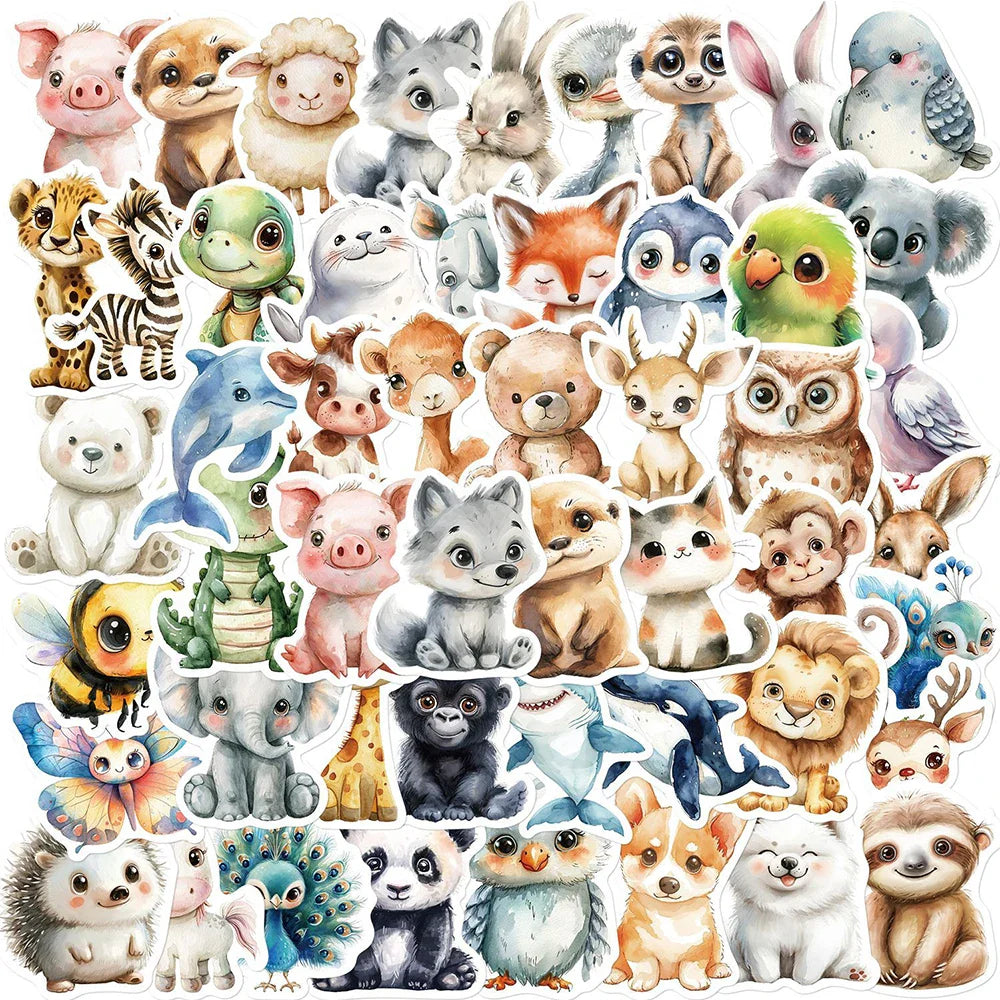 Cartoon Animal Watercolor Stickers for Laptop, Luggage, Water Bottle - 10/30/50pcs (Online Order Only)