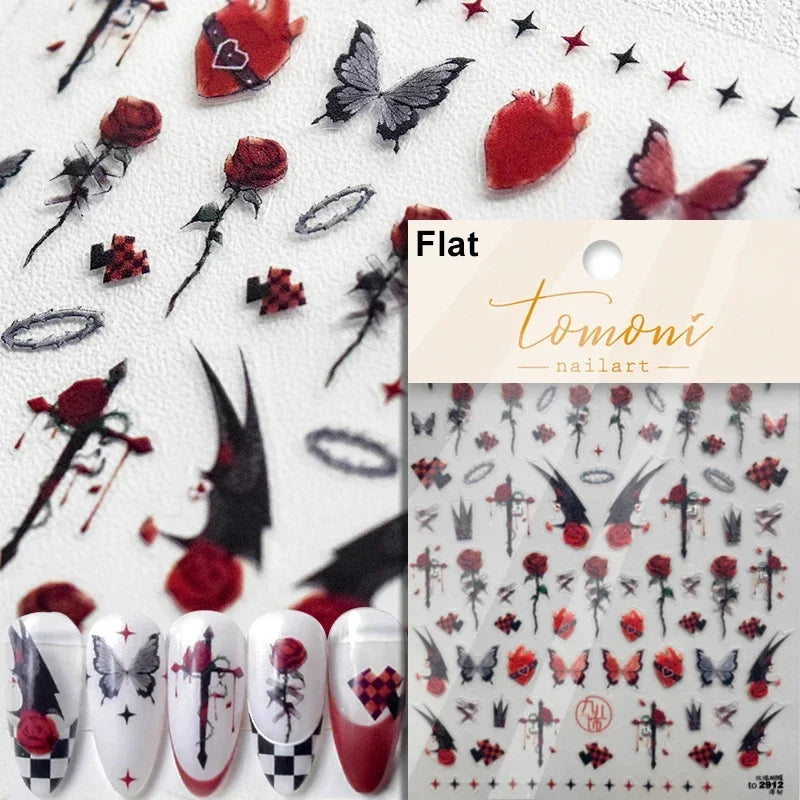 Cat Eye Halloween Terror Spider Cross Rose Love Heart Flower Snake Web Candy Bunny Thrilling Nail Art Stickers Manicure Decals (Online Order Only)